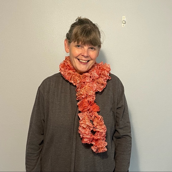 New Handmade Crochet Coral Colored Sequined Twirly Scarf 76” Long - Picture 11 of 14